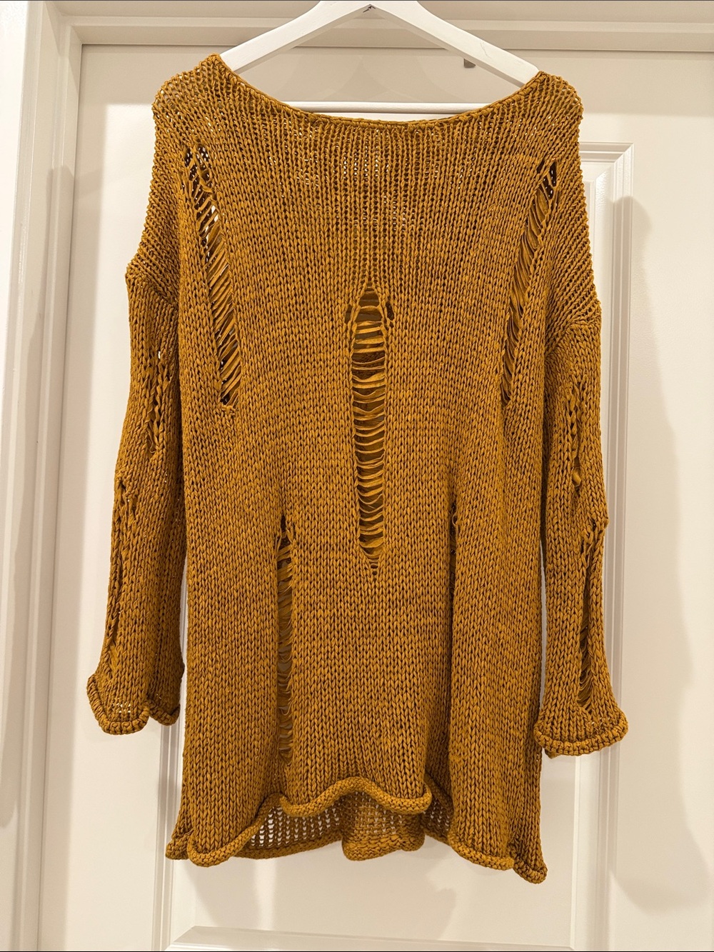 Oversized Distressed Knit Pullover Sweater - Mustard